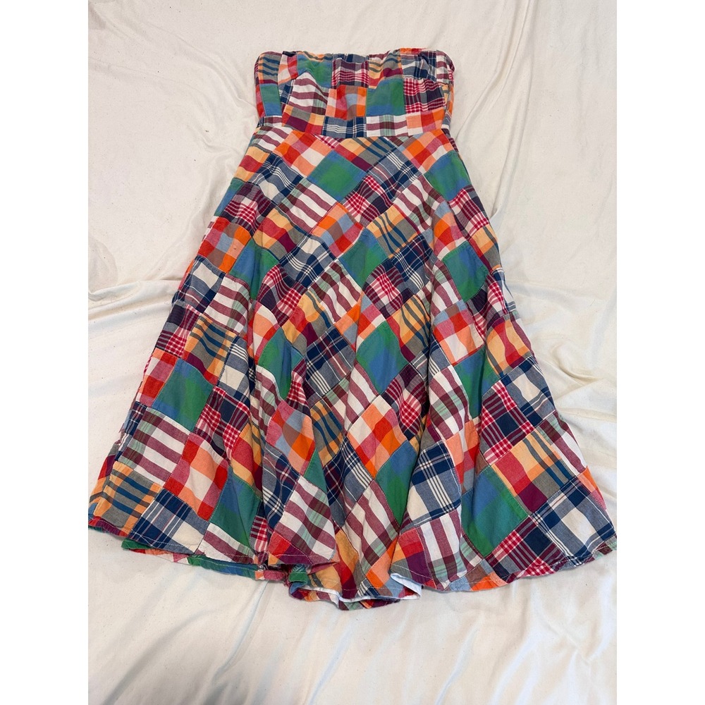 VTG J. Crew Preppy Patchwork Strapless Midi Dress Sz:6 Multicolor Plaid Cotton